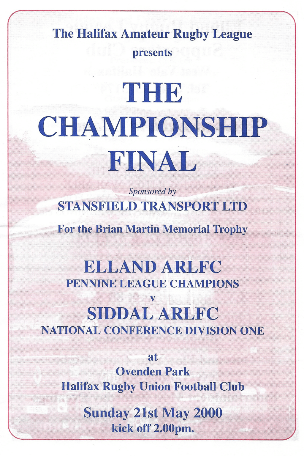 Elland v Siddal programme cover in pink, white and blue