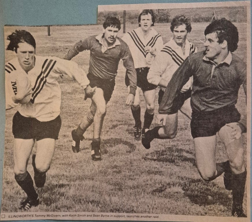 newspaper clipping photo of Illingworth Tony McGivern with Kevin Smith and Sean Byrne in support 1985