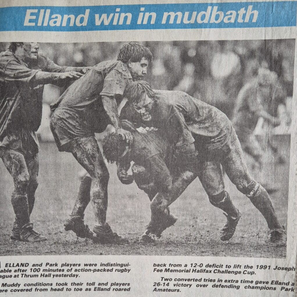 Black and white photo in newspaper article showing Elland v Park at the Halifax Cup Final in 1991