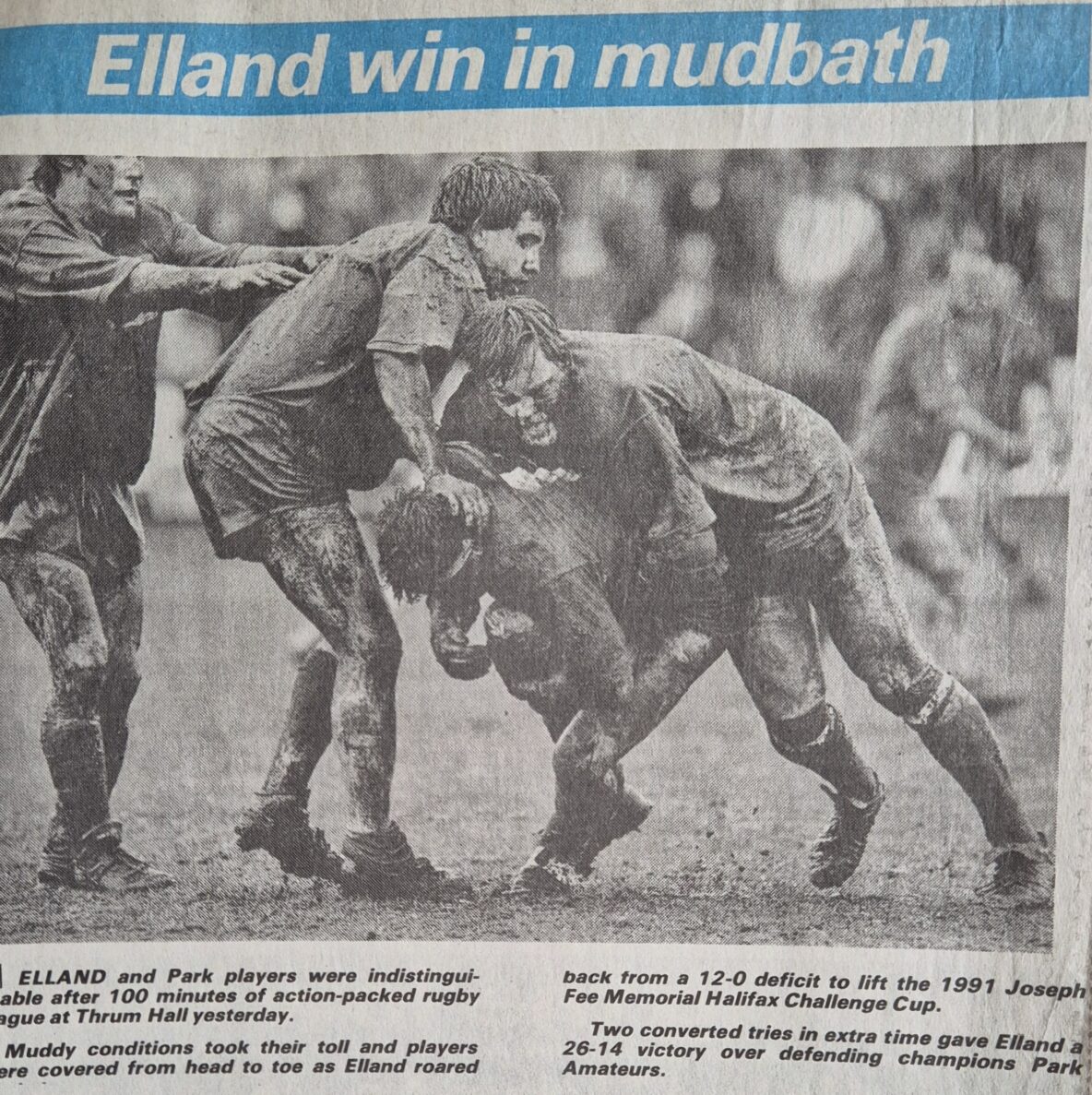 Black and white photo in newspaper article showing Elland v Park at the Halifax Cup Final in 1991