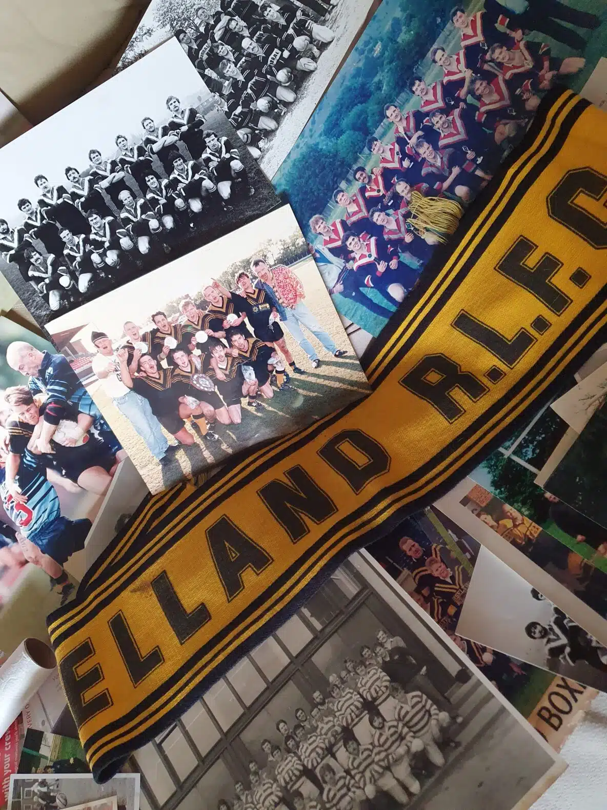 Collection of team photos with yellow Elland scarf laid over the top