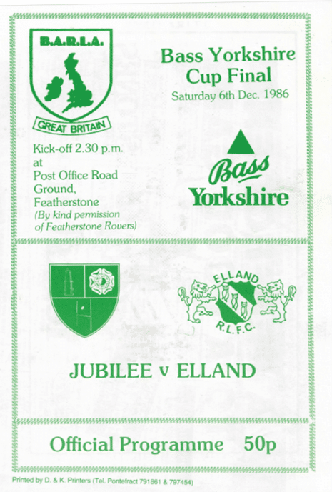 Scan of front page of Bass Yorkshire Cup Final 1986 Official Programme- in green and white