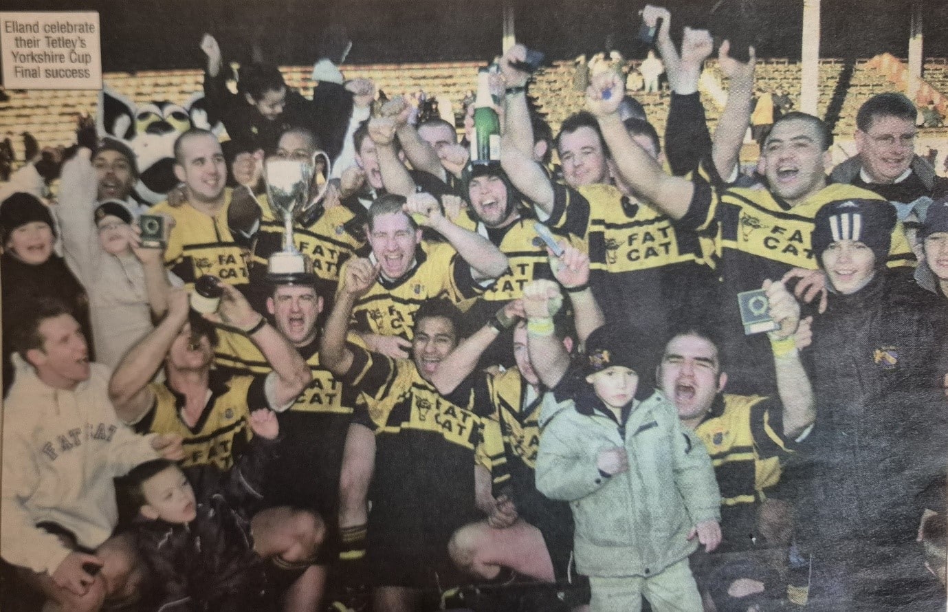 Newspaper colour photo of Elland celebrating Tetley's Yorkshire Cup Final success