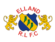 Elland R.L.F.C emblem logo with two lions either side of a blue badge with yellow diagonal stripe with three green owls inside