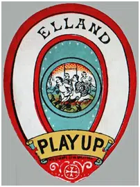old Elland logo with red bands in a horse shoe shape with "Play up" in a yellow band across the bottom with illustrated characters in the middle