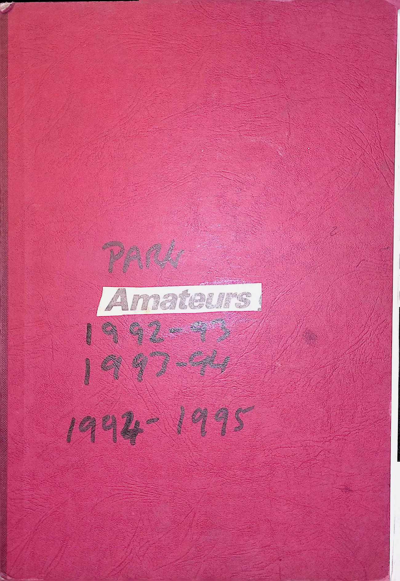Scan of a red book cover with black marker pen writing in the middle which says "Park Amateurs 1992-93 1993-94 1994-95"