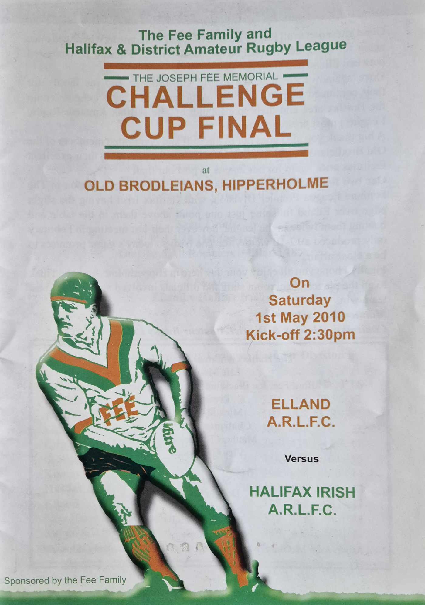 Front cover of printed Halifax Cup Final Programme (2010, Elland v Halifax Irish)
