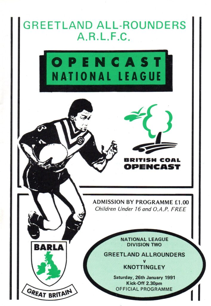 Amateur Greetland Programme with illustration of a character running with a ball and various blocks of text- some in shapes such as rectangle and oval. The colours are black and mid green