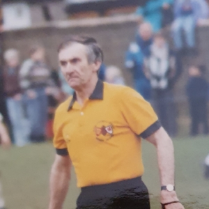 colour photo of a referee mid-match, wearing a yellow tshirt