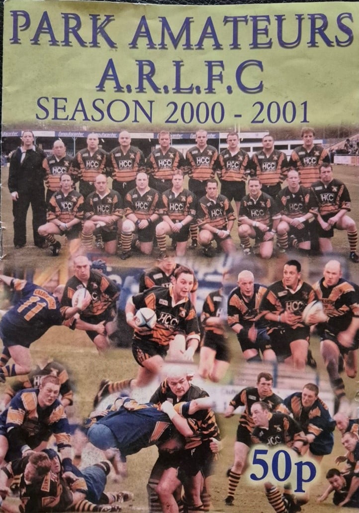 colour photo of front cover of Park Amateurs ARLFC 2000-01 Season for 50p, with photo montage of players action shots