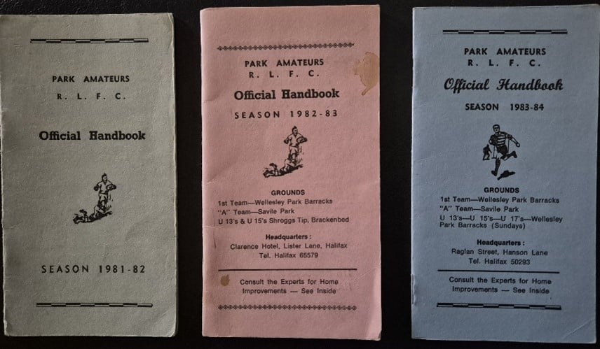 Scan of the front covers of three Park Rovers Official Handbooks (left to right: grey 1981, pink 1982-3 and blue 1983- 4)