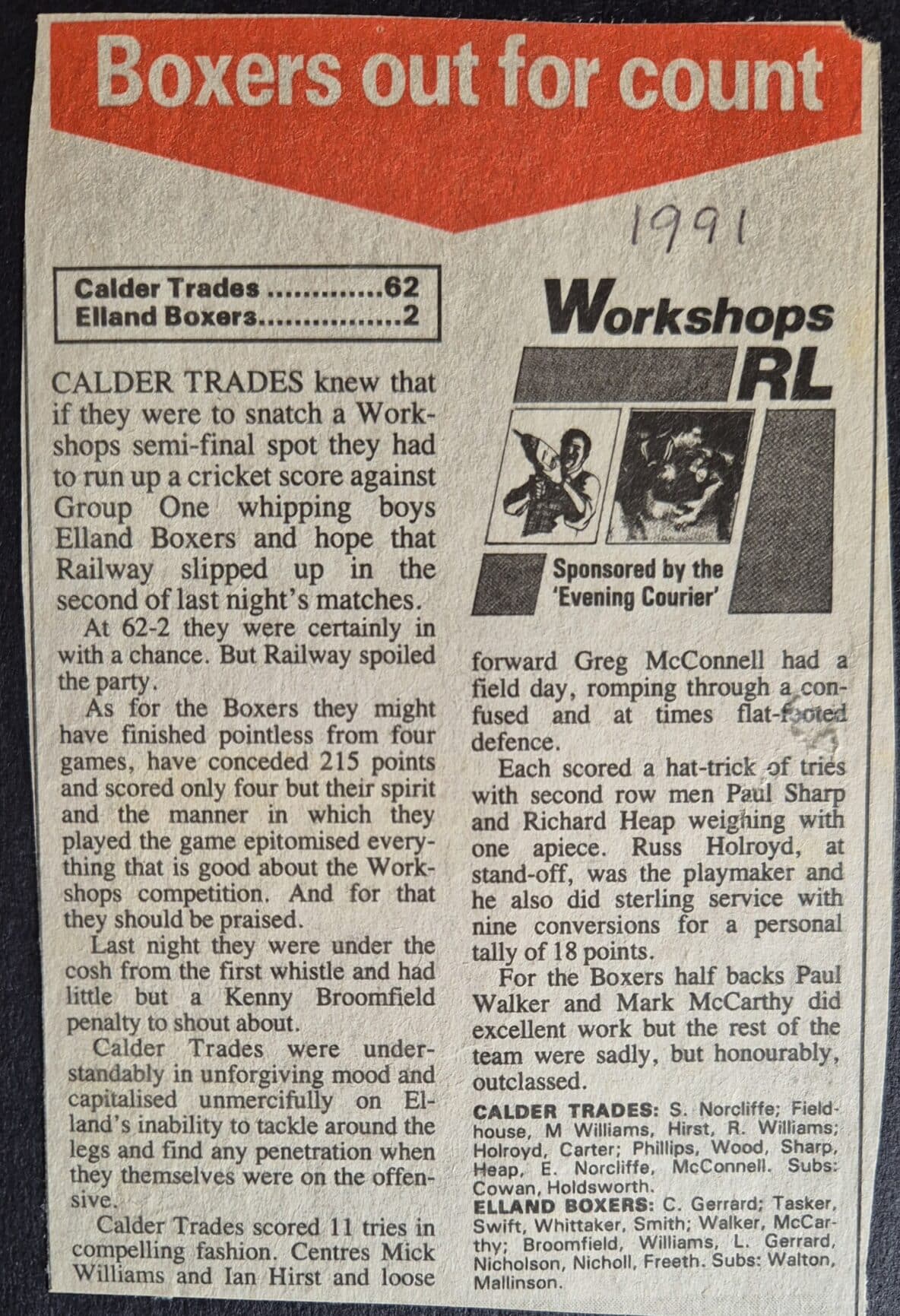 1991 Workshops Calder Trades v Elland Boxers Courier report