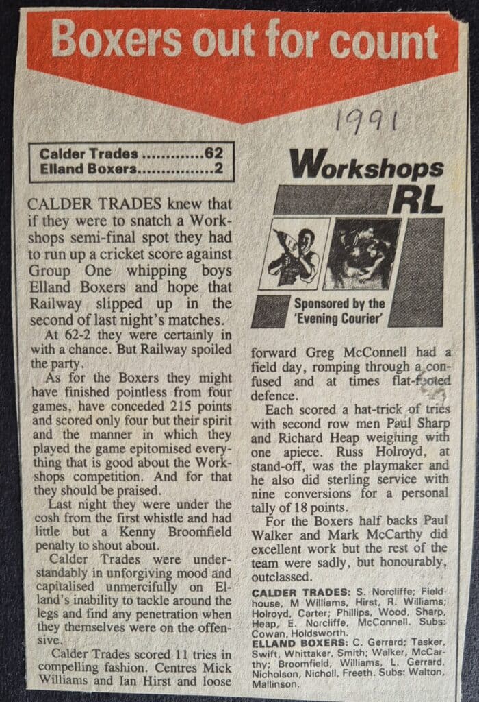 1991 Workshops Calder Trades v Elland Boxers Courier report