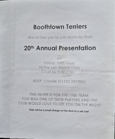 black and white photo of Boothtown Terriers 20th Annual Presentation programme cover 