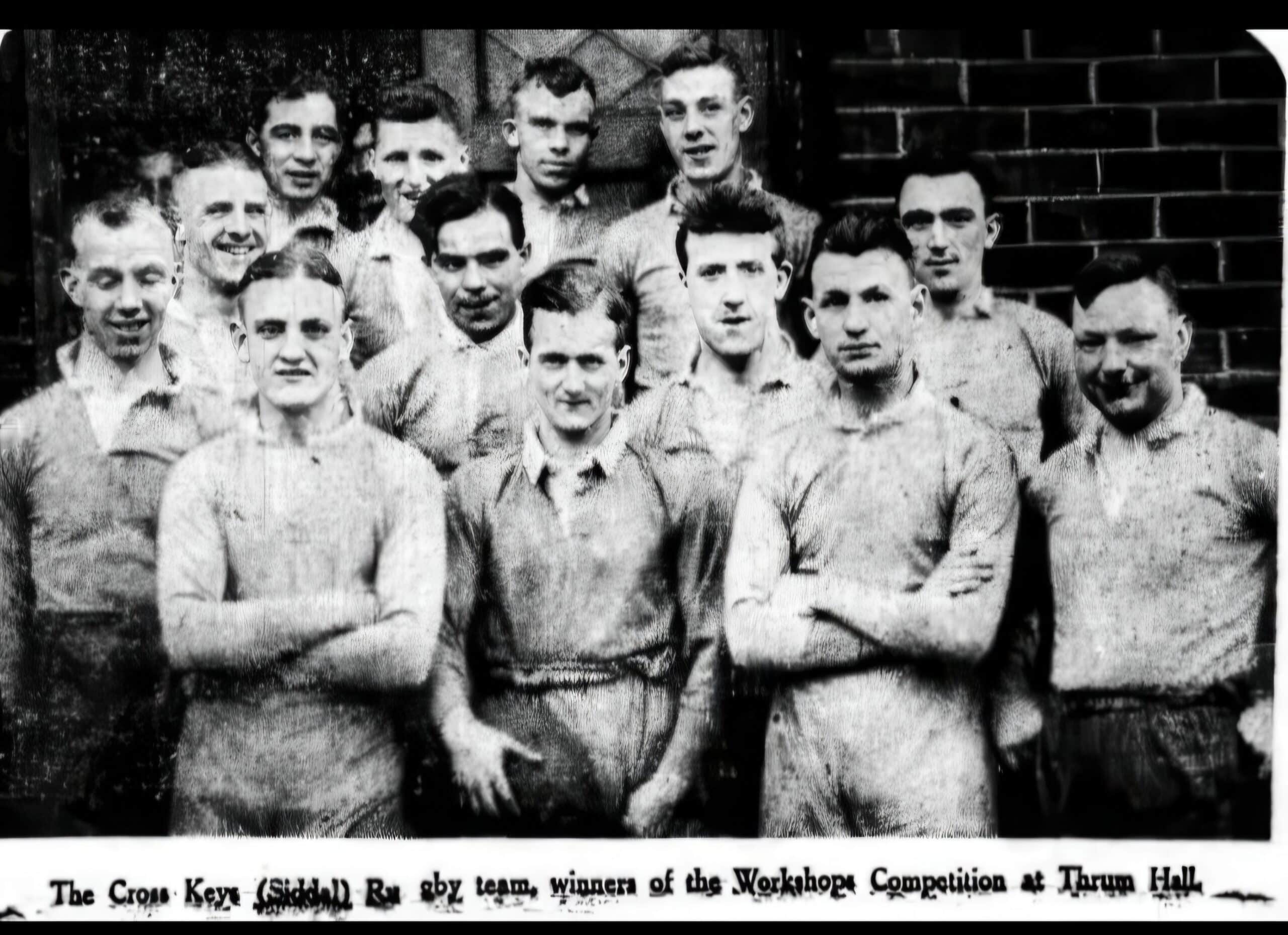 black and white photo of Cross Keys Workshops Winners in 1933, a group od players are standing in a group smiling, some have their arms crossed, the photo has been enhanced by AI