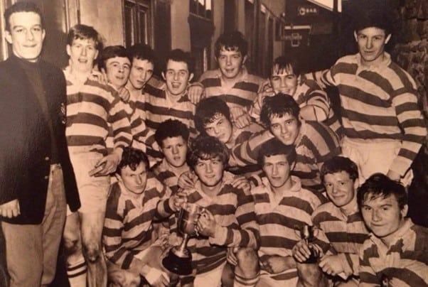 black and white photo of juniors celebrating in 1967