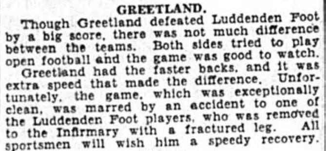 black and white scan of a small newspaper report cut-out, which talks about a Greetland win over Luddenden Foot in 1938