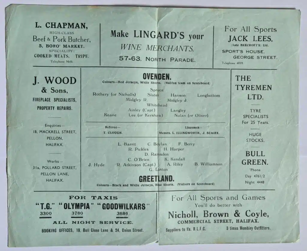 1951 Halifax Cup team sheet programme Ovenden Greetland