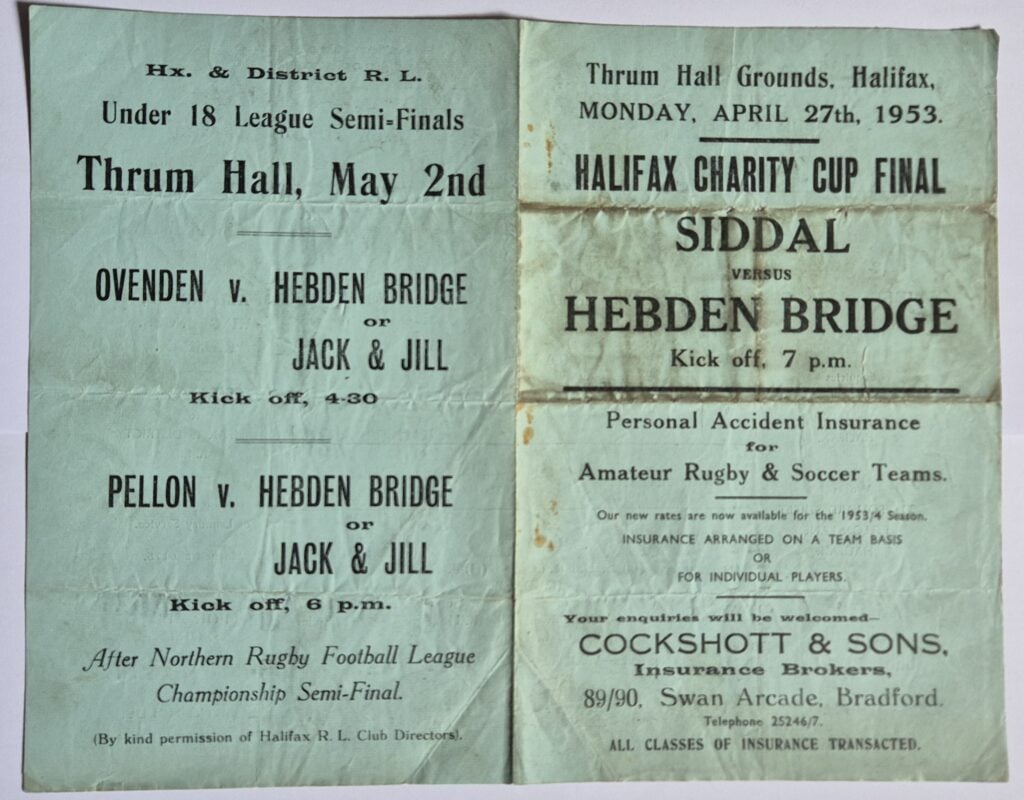 1953 Halifax Cup Final programme Siddal v Hebden Bridge