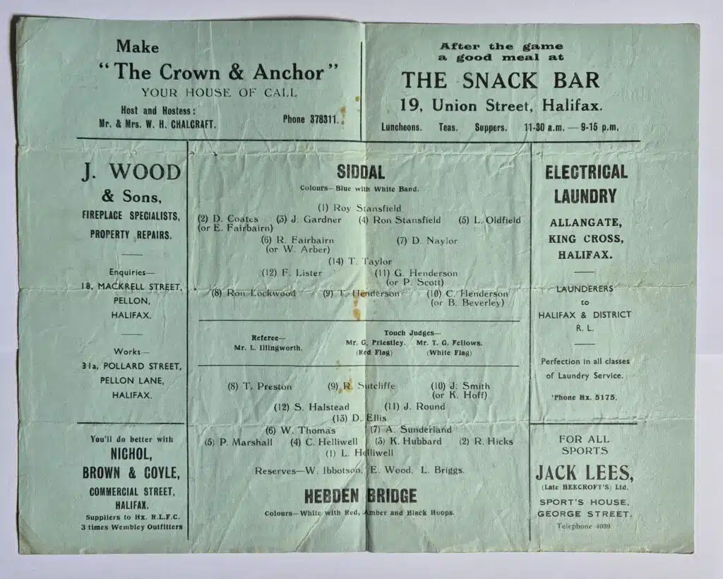 1953 Halifax Cup Final team sheet Siddal v Hebden Bridge