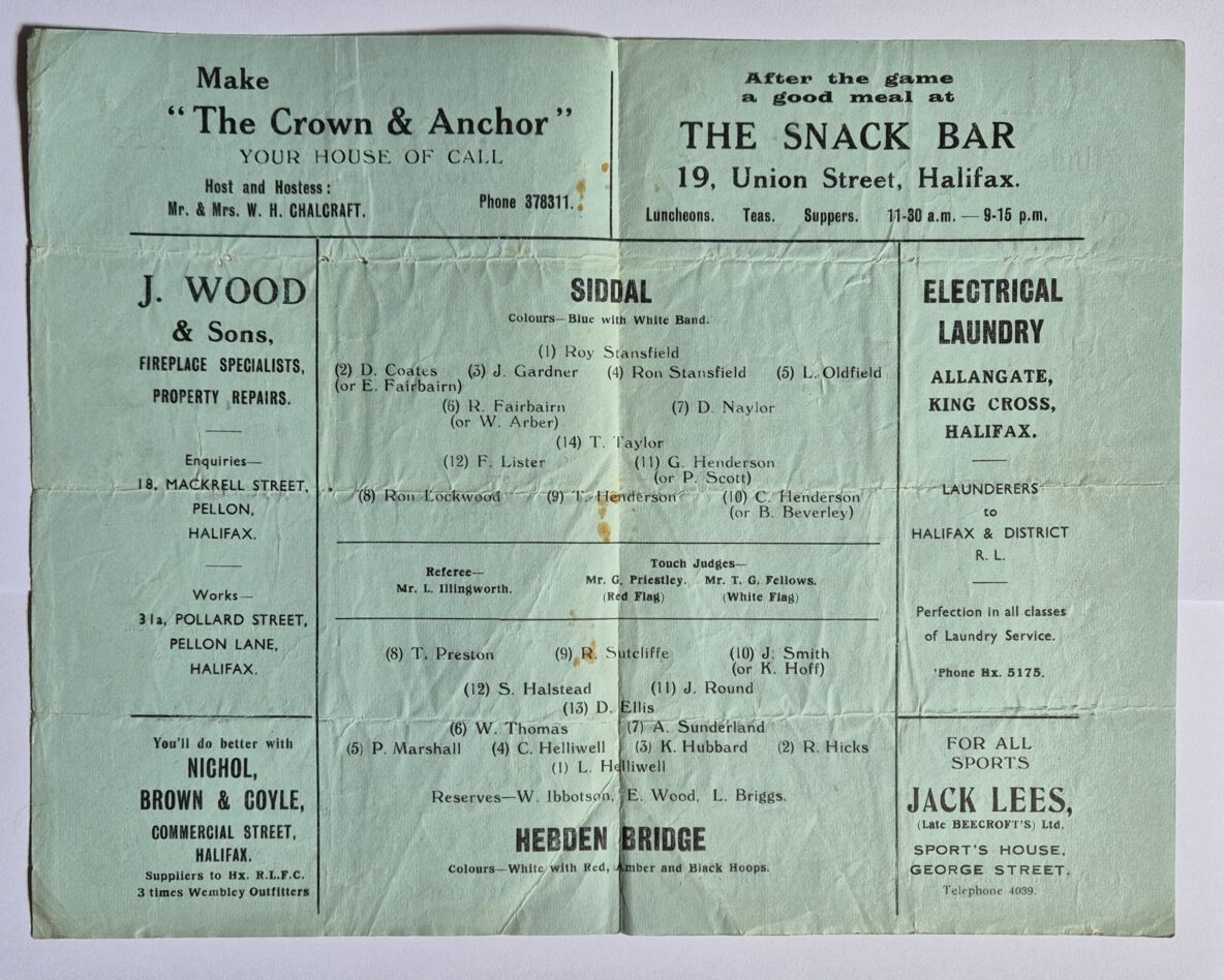 1953 Halifax Cup Final team sheet Siddal v Hebden Bridge