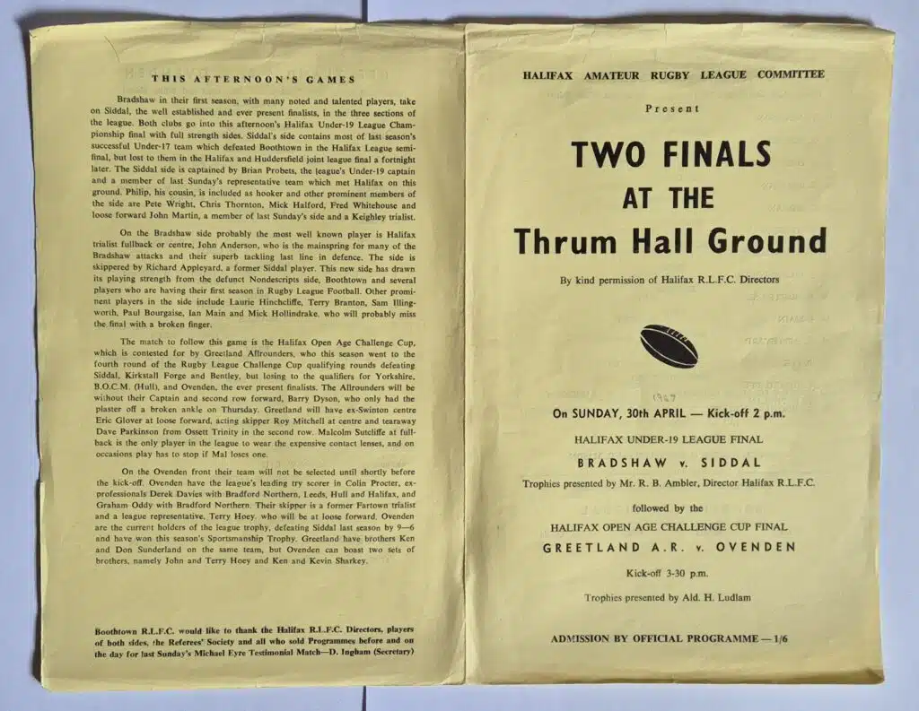 1967 Halifax Cup Final programme  Greetland Ovenden