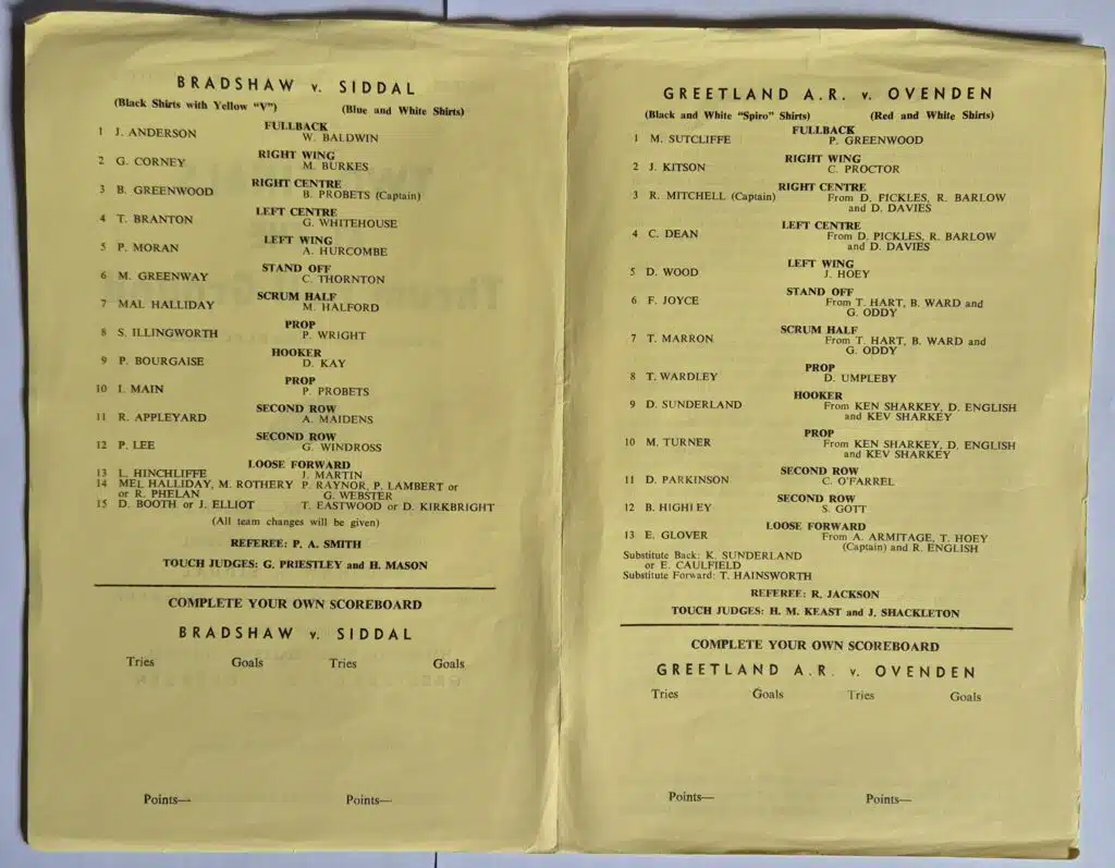 1967 Halifax Cup Final team sheet Greetland  Ovenden