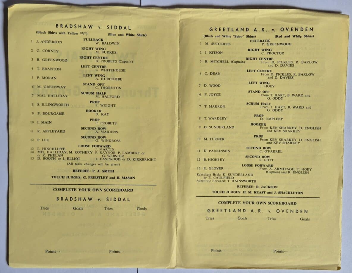 1967 Halifax Cup Final team sheet Greetland  Ovenden