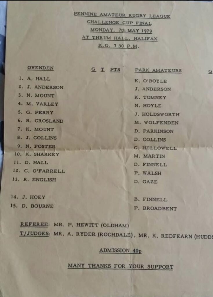 1979 Halifax Cup Final Ovenden  v Park   team sheet