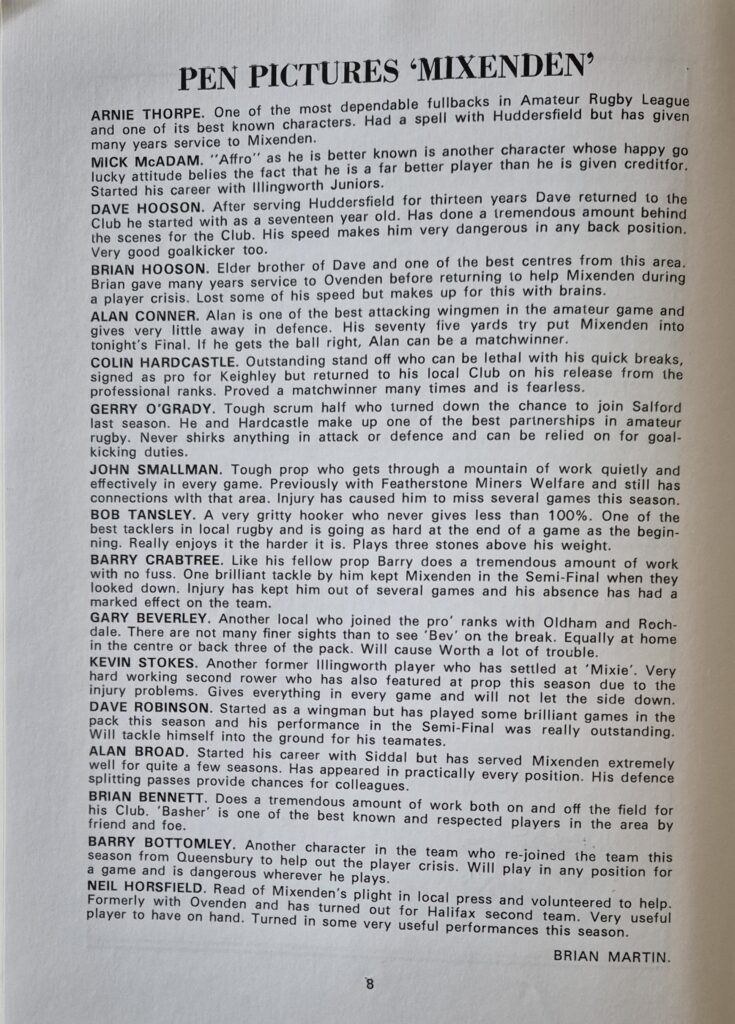 1981 Mixenden pen pics Halifax Cup programme