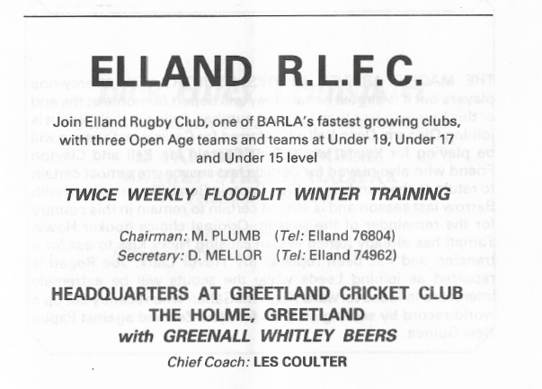 1983 Elland advert in match programme Halifax League v NZ Moaris