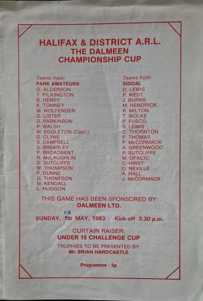 1983 Halifax Championship Final programme Park v Siddal