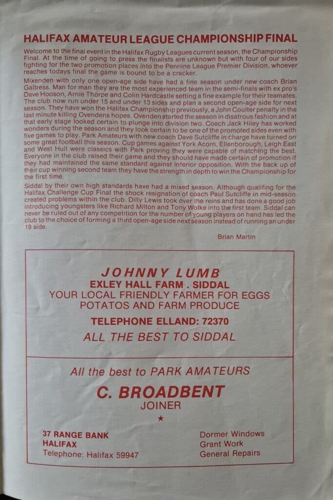 1983 Halifax Championship Final programme article Park v Siddal