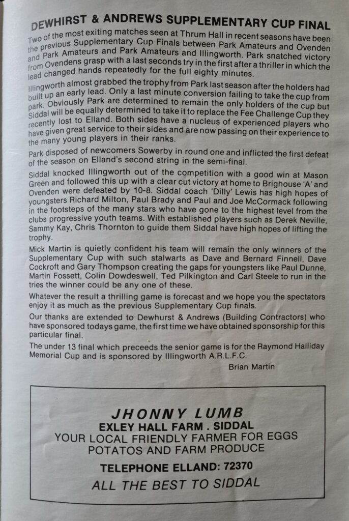 1983 Halifax Supplimentary Cup Final programme  article Park  A v Siddal A