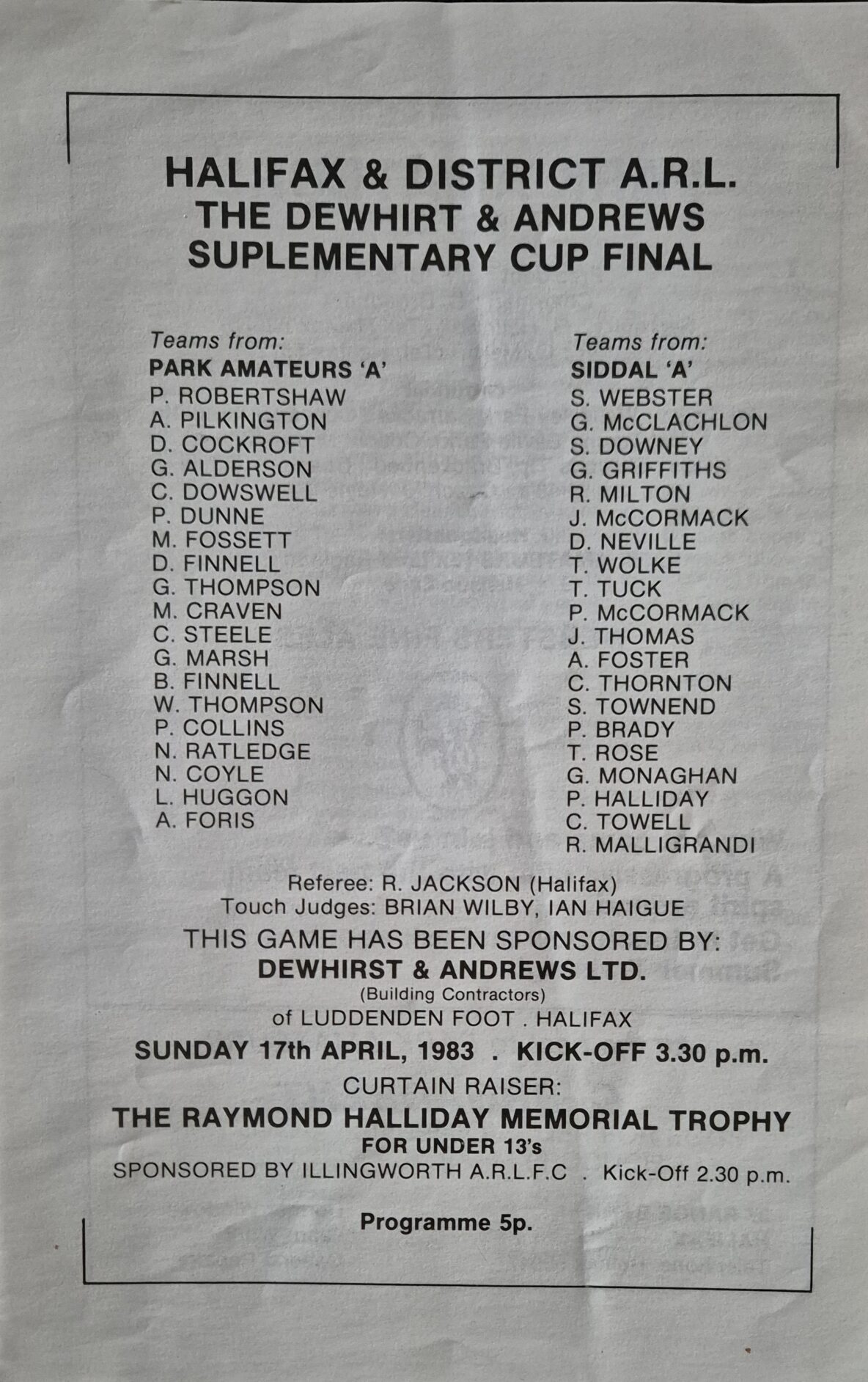 1983 Halifax Supplimentary Cup Final programme Park  A v Siddal A