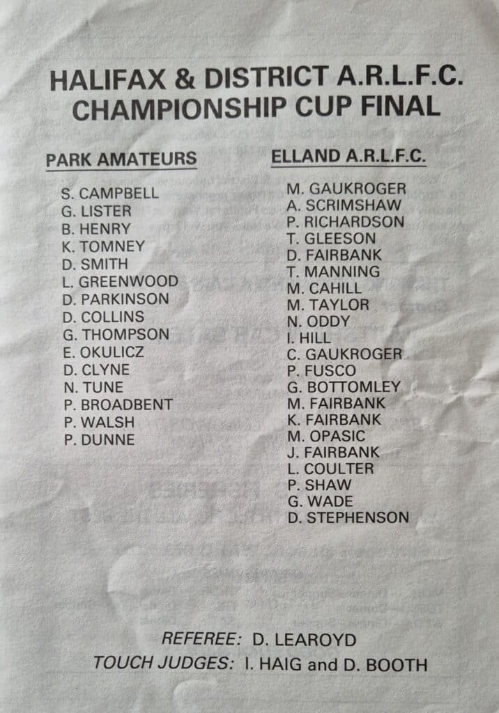 1984 Halifax Championship final teams Park Amateurs v Elland