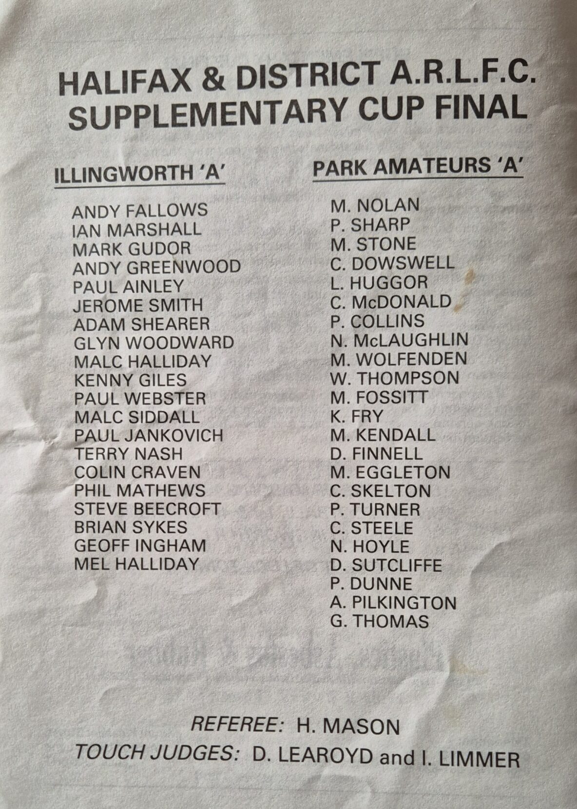 1984 Halifax Supplimentary Cup Final teams Park Amateurs A v Illingworth A