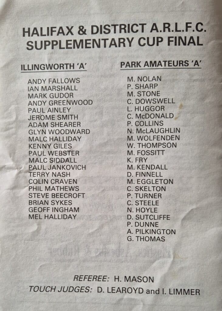 1984 Halifax Supplimentary Cup Final teams Park Amateurs A v Illingworth A