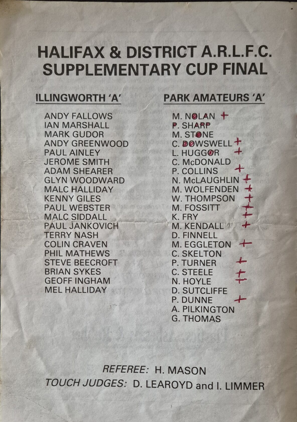 1984 Halifax Supplimentary Cup final team Park Amateurs A with notation