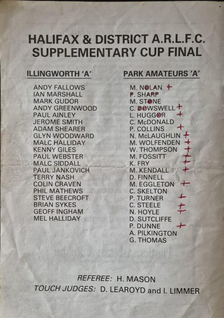 1984 Halifax Supplimentary Cup final team Park Amateurs A with notation