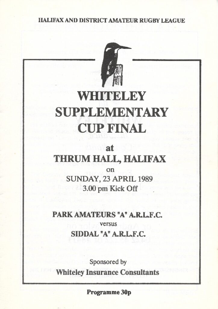 1989 Siddal Park Halifax Supplimentaty Cup Final programme and teams