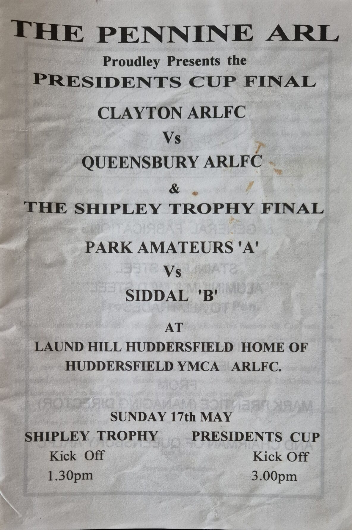 199 Pennine Shipley Cup Final  programme Park Amateurs v Siddal B