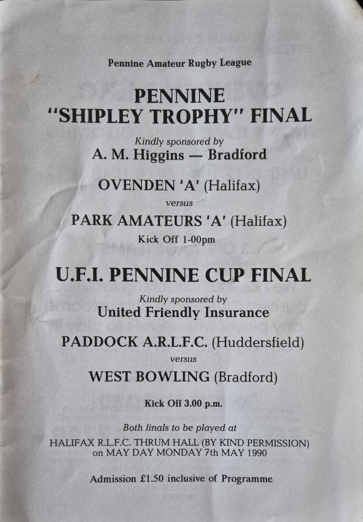 1990 Shipley Trophy Final programme Ovenden A v Park Amateurs A