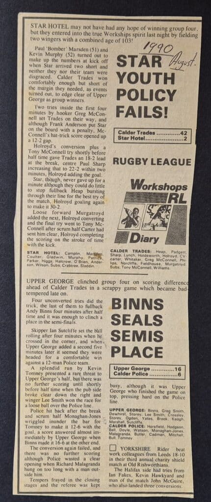 1990 Workshops Courier match reports Calder Trades v Star Calder Police v