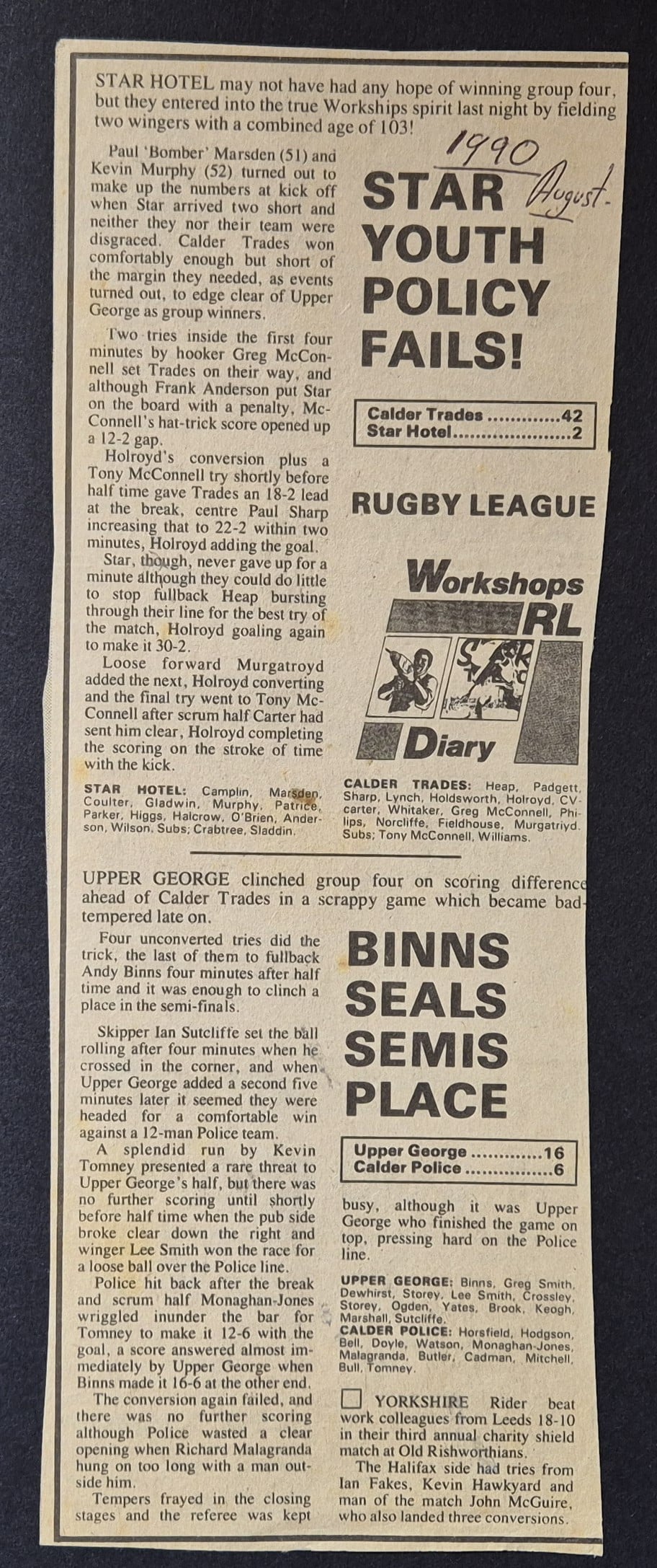 1990 Workshops Courier match reports Calder Trades v Star Calder Police v