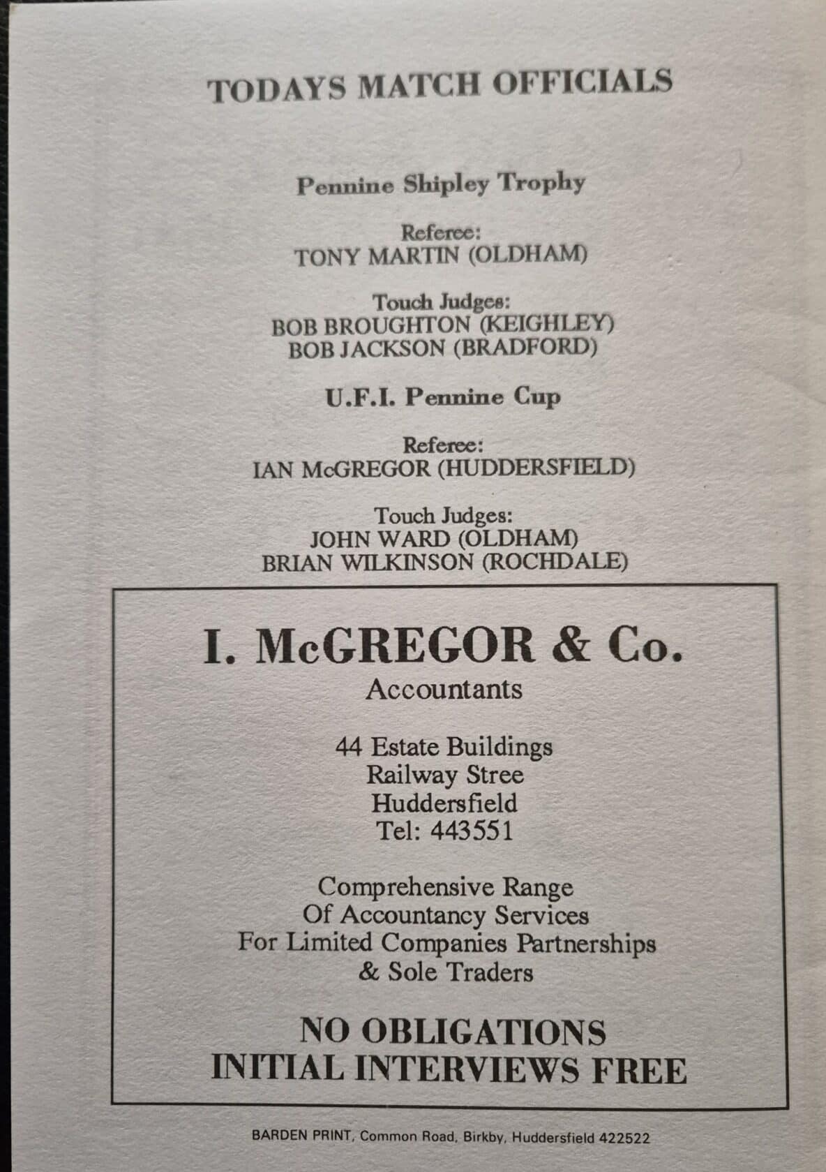 1991 Pennine President's Cup Final match officials Tony Martin