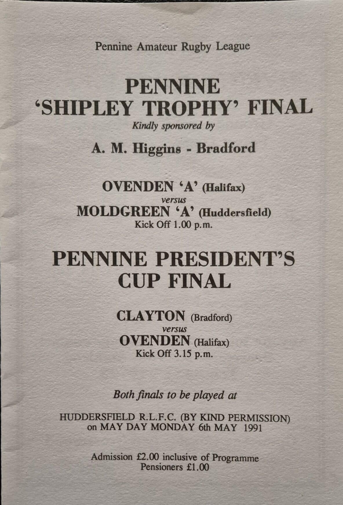 1991 Pennine Shipley and Presidents Cup Finals programme Ovenden A and Ovenden