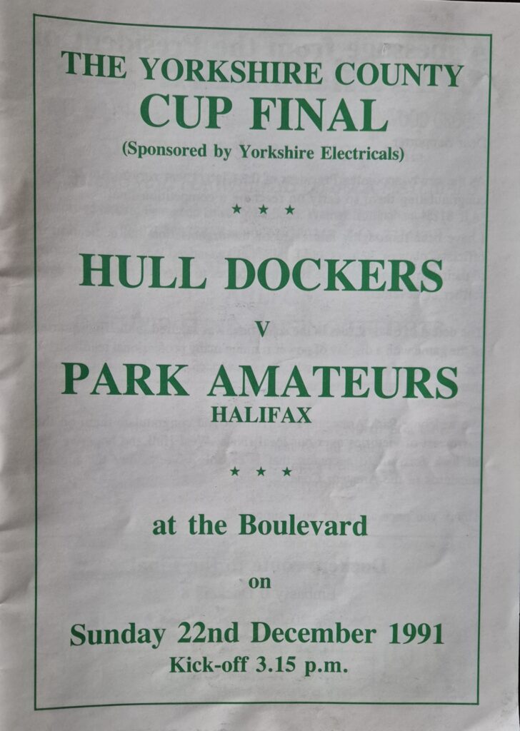 1991 Yorkshire Cup Final programme Park Amateurs v Hull Dockers