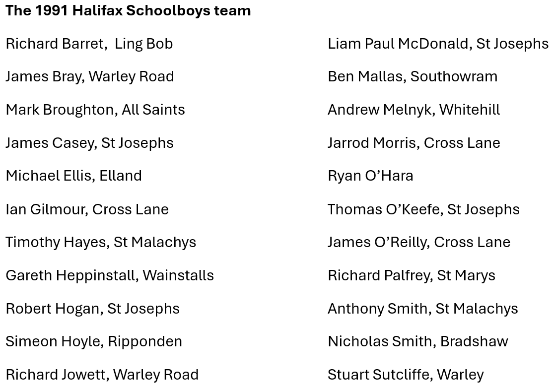 two columns of names and school names of the 1991 Schoolboys team