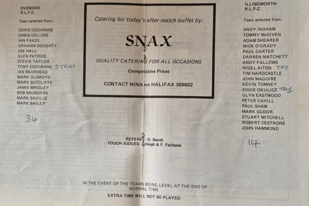 1992 Halifax Cup Final teams Illingworth v Ovenden